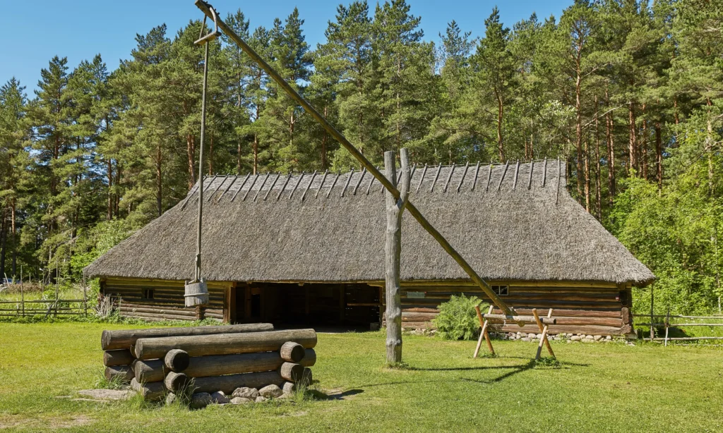 Tradycyjna drewniana chatka kryta strzechą w skansenie bieszczadzkim. Na pierwszym planie widoczna studnia z żurawiem, otoczona zielenią.