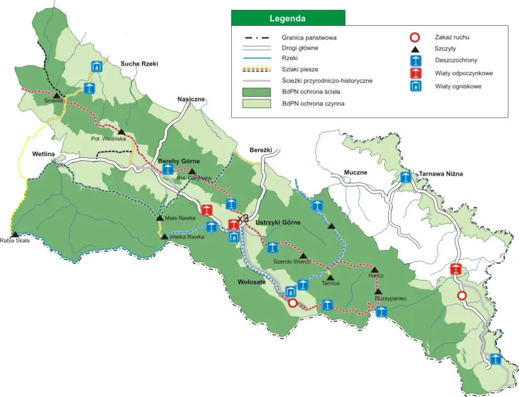 Mapa Bieszczadzkiego Parku Narodowego pokazująca szlaki turystyczne, rzeki i punkty odpoczynku, idealna do planowania wędrówek.