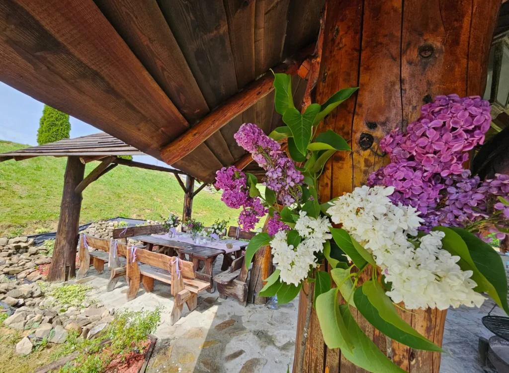 Drewniana chata grillowa w Bieszczadach, ozdobiona kwiatami bzu i stołem przygotowanym do posiłku.