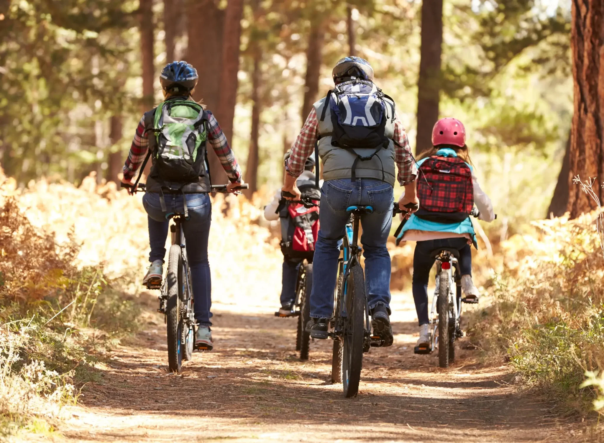 Rodzina na rowerach jedzie leśnym szlakiem w Bieszczadach. Piękno natury, aktywność na świeżym powietrzu i wspólne chwile w otoczeniu drzew i jesiennego krajobrazu.