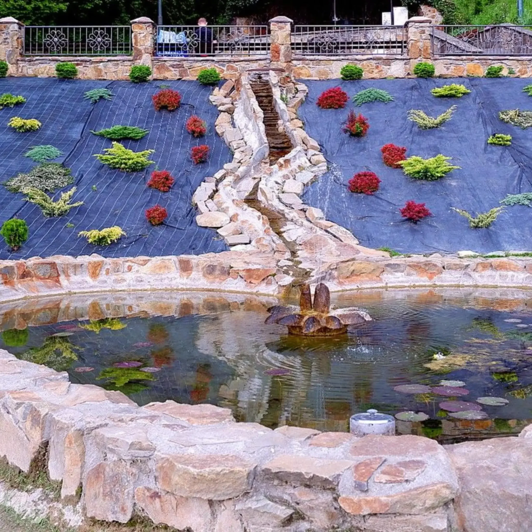 Ozdobne źródełko w Zwierzyniu, otoczone kamienną konstrukcją, z roślinnością ozdobną i małym stawem z fontanną.