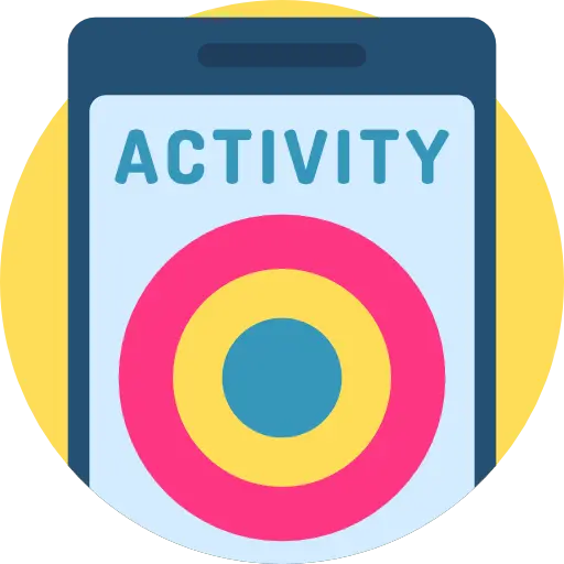 Ikona przedstawiająca tablicę z kolorowym celem i napisem „Activity”, symbolizująca aktywność fizyczną i sportowe atrakcje