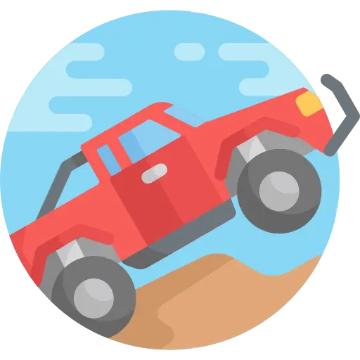 Ikona przedstawiająca czerwony samochód terenowy na wzniesieniu, symbolizująca wyprawy off-roadowe w górach