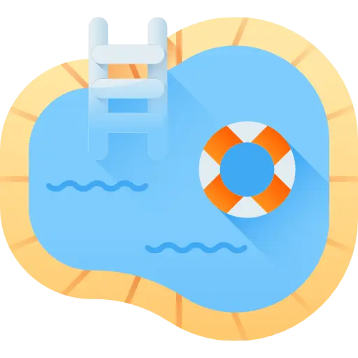 Ikona przedstawiająca basen z drabinką i kołem ratunkowym, symbolizująca miejsce do pływania i relaksu