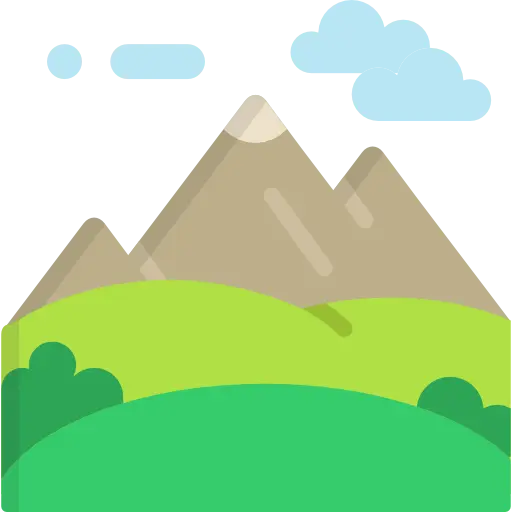 Ikona przedstawiająca górski krajobraz z zielonymi wzgórzami i niebem, symbolizująca malownicze widoki dostępne z tarasów