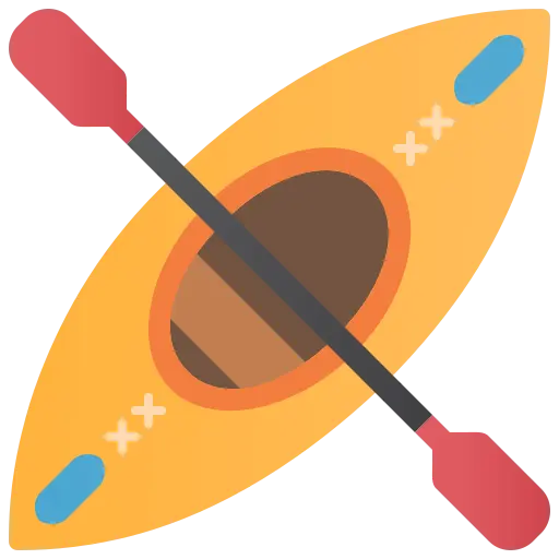 Ikona przedstawiająca żółto-czerwony kajak z wiosłem, symbolizująca aktywne spływy kajakowe w Bieszczadach