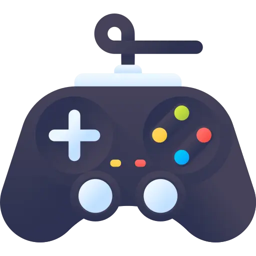 Ikona przedstawiająca kolorowy kontroler do gier wideo, symbolizująca strefę rozrywki z konsolami