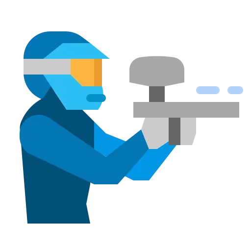 Ikona przedstawiająca postać w hełmie trzymającą marker, symbolizująca grę w paintball i aktywną rozrywkę