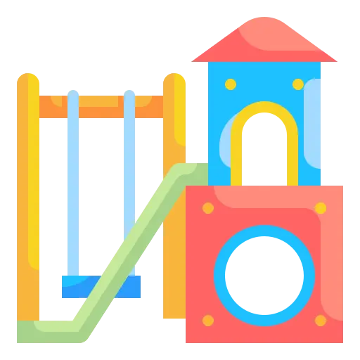 Ikona przedstawiająca kolorowy plac zabaw z huśtawką, zjeżdżalnią i wieżyczką, symbolizująca atrakcje dla dzieci na świeżym powietrzu