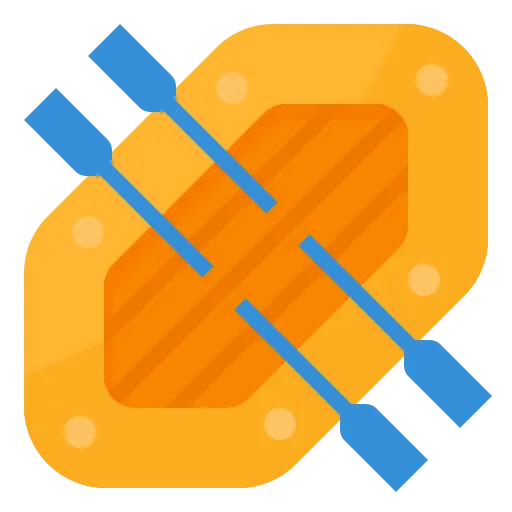 Ikona przedstawiająca pomarańczowy ponton z dwoma wiosłami, symbolizująca spływy pontonowe po rzece