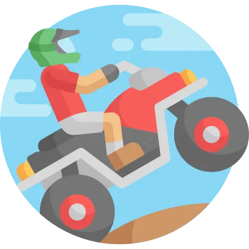 Ikona przedstawiająca osobę jadącą na quadzie, symbolizująca emocjonujące wyprawy terenowe