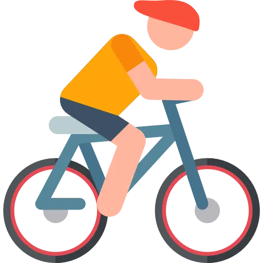 Ikona przedstawiająca rowerzystę w ruchu, symbolizująca możliwość wypożyczenia rowerów górskich