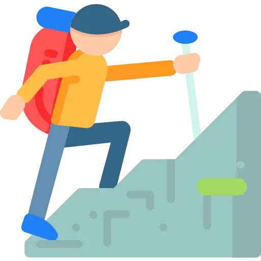 Ikona przedstawiająca postać z kijkiem wspinającą się po górskim zboczu, symbolizująca piesze wędrówki po górach