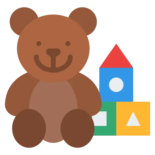 Ikona przedstawiająca pluszowego misia i kolorowe klocki, symbolizująca bawialnię dla dzieci i strefę z zabawkami