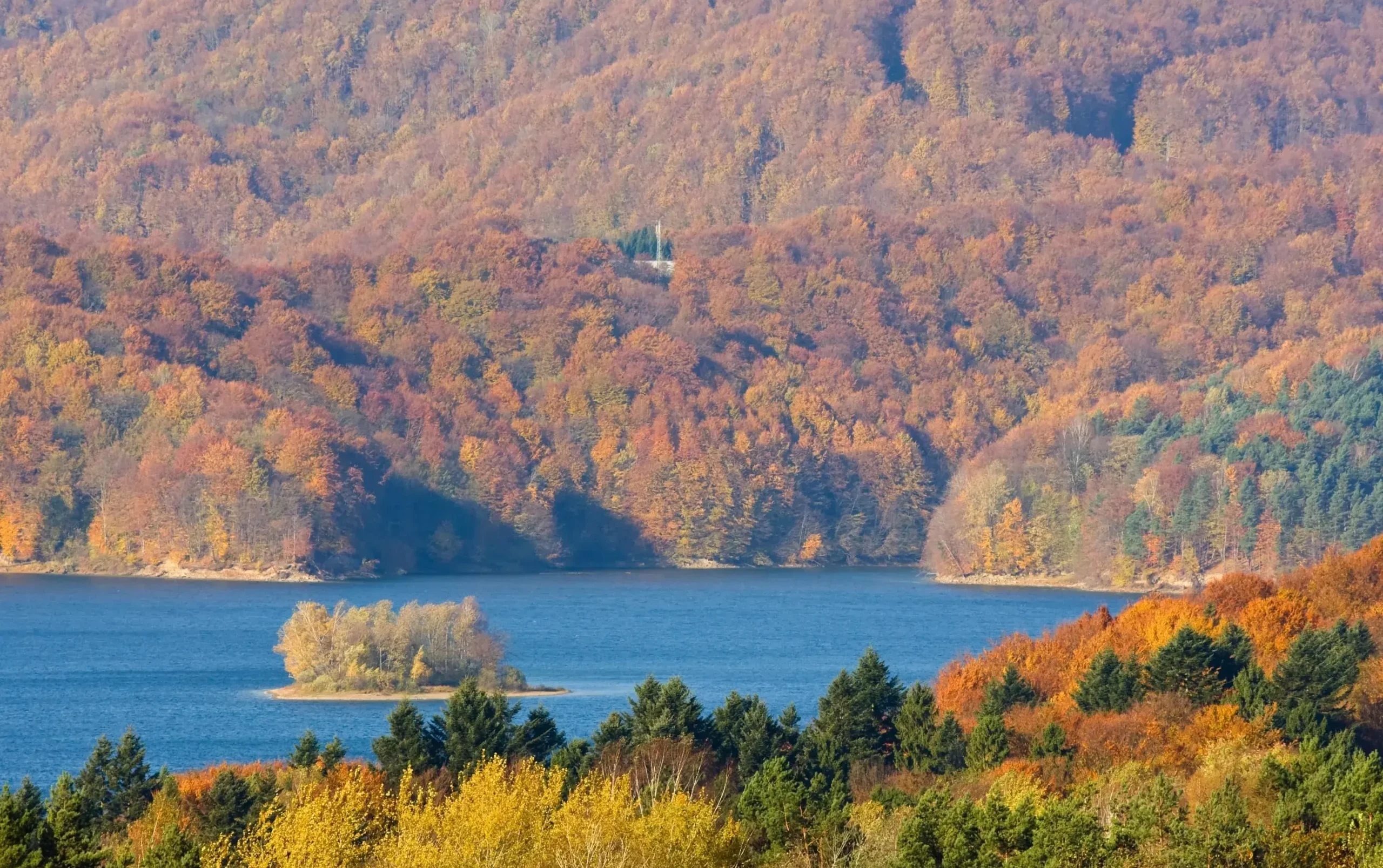 Jezioro Solińskie jesienią, otoczone kolorowym lasem i wzgórzami, z małą wysepką.